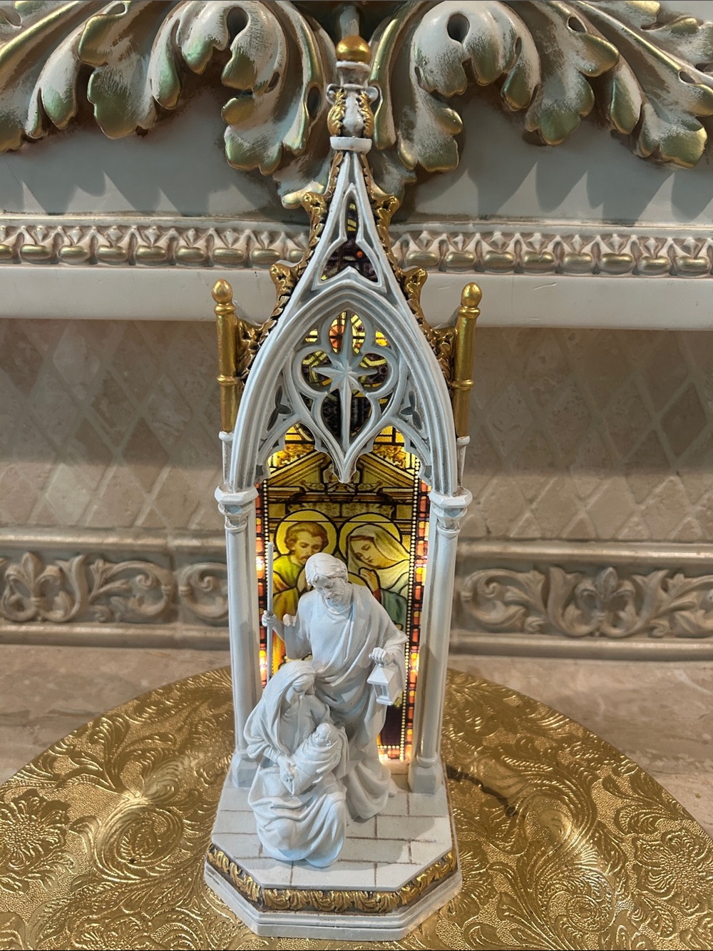 Gothic-Style Light Up Religious Nativity Shrine with Stained Glass Backdrop